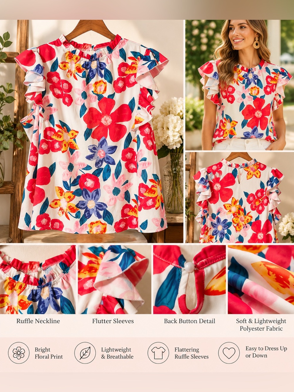 Floral Ruffle Sleeve Top - White with Coral & Blue Flowers